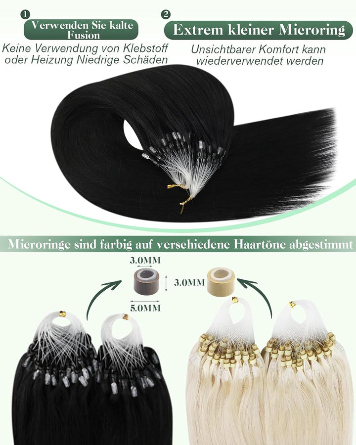 Ugeat Micro Extensions Echthaar Schwarz 1g/Strähnen Haarverlängerung mit Microrings Farbe 1 Schwarz
