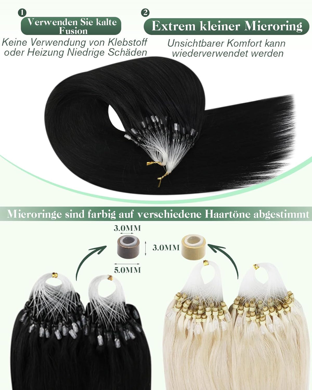 Ugeat Microring Extensions Echthaar Kurz 35 cm Schwarz Glatt Remy Haarverlängerung Microring Schwarz