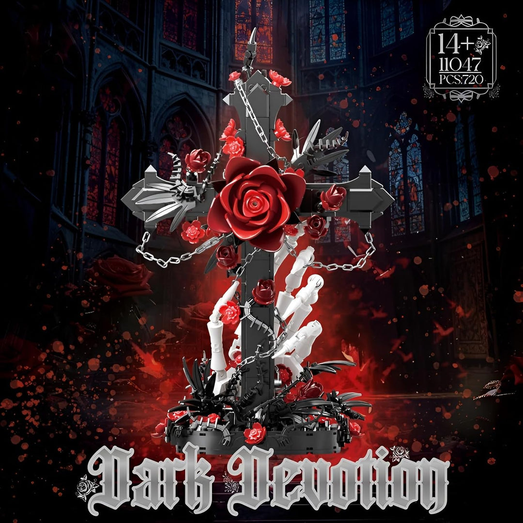 Gothic Kreuz Rote Rose Baukasten, 720PCS Skeletthand Sammelbares Blumenstein-Modell, Dunkle Botanisc