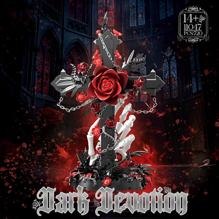 Gothic Kreuz Rote Rose Baukasten, 720PCS Skeletthand Sammelbares Blumenstein-Modell, Dunkle Botanisc