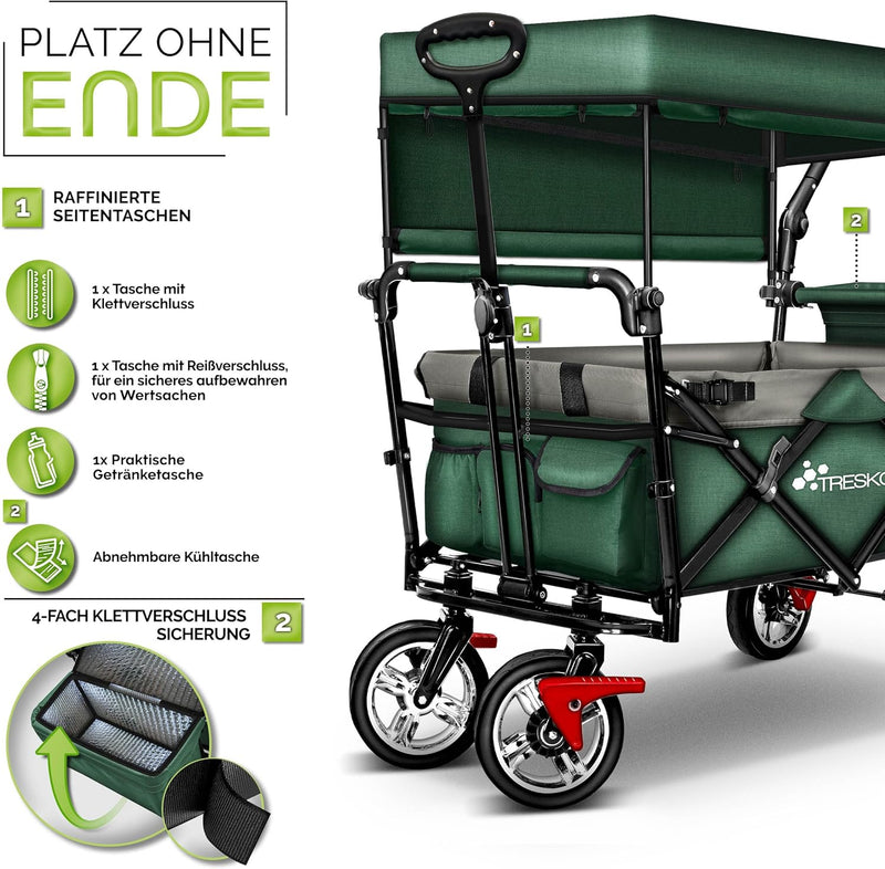 TRESKO® Bollerwagen faltbar mit Dach | Handwagen mit 2x3-Punkt Gurtsystem | Gartenwagen klappbar bis