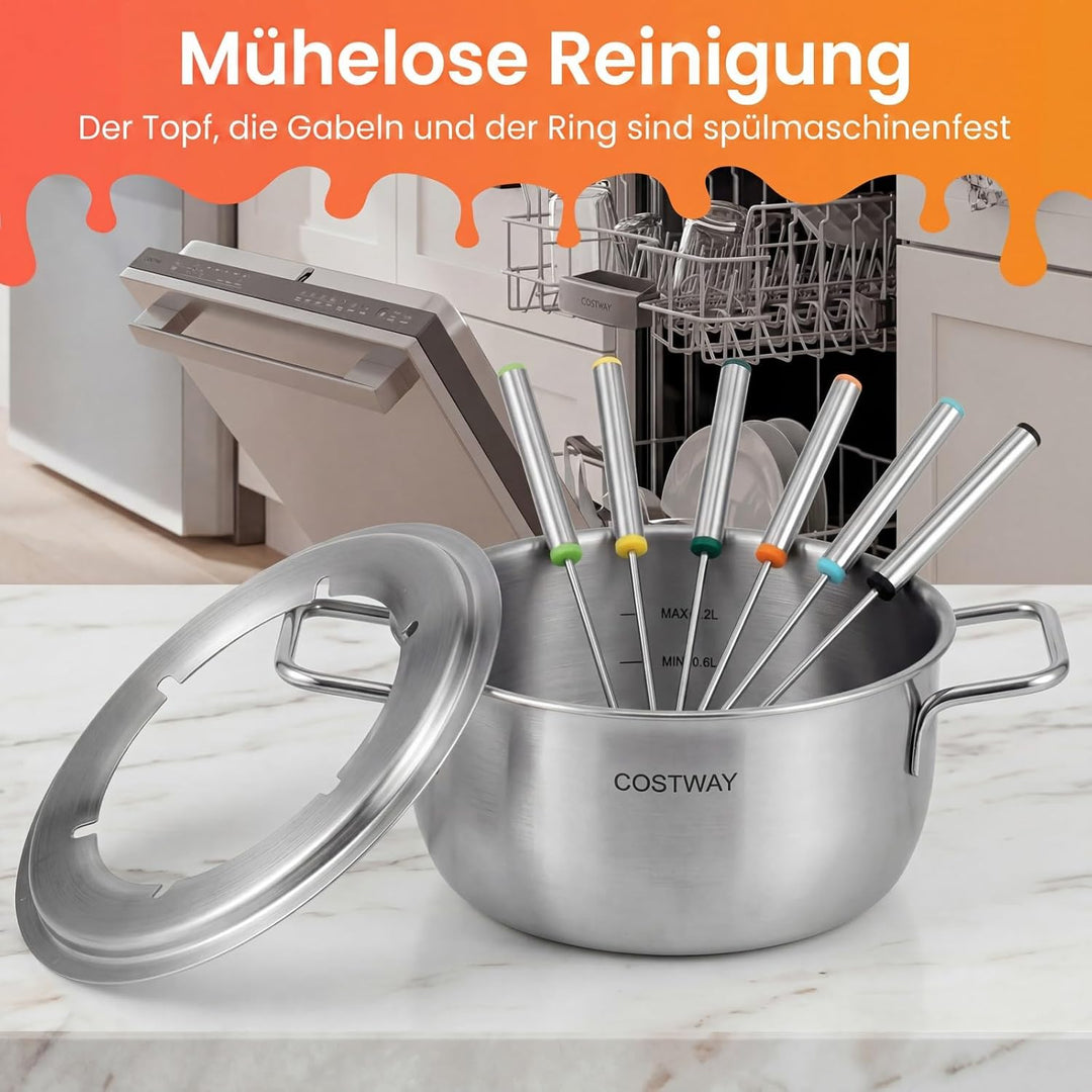 COSTWAY Fondue elektrisch Set, 1200W Fondueset mit 8 farblich markierten Gabeln & Gabelhalter, 2,3l