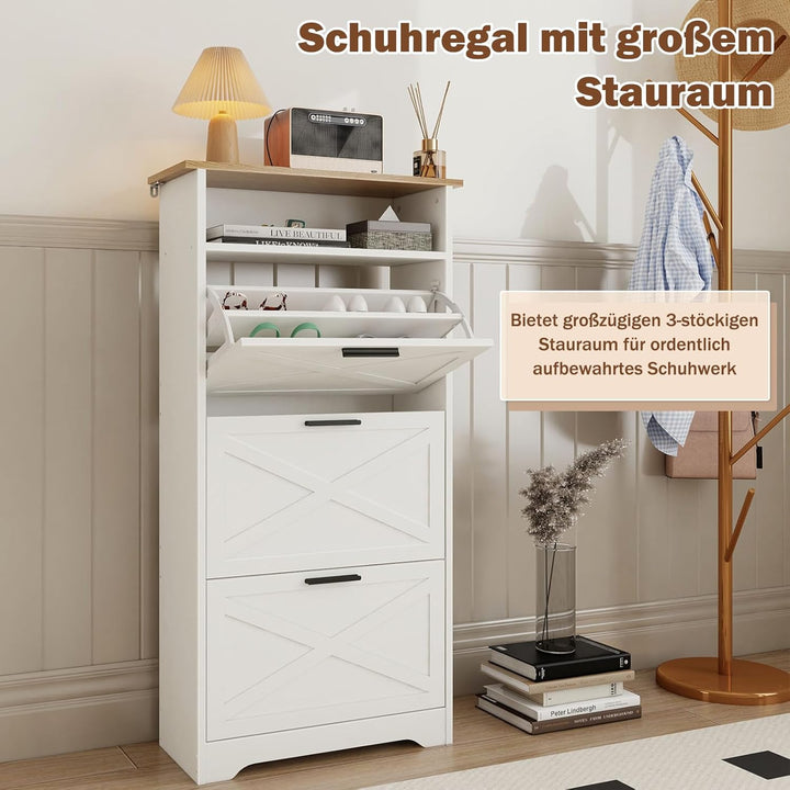 Farmhouse Schuhschrank mit 3 Klappschubladen, Schlankes Schuhregal für den Eingangsbereich, Schuhreg