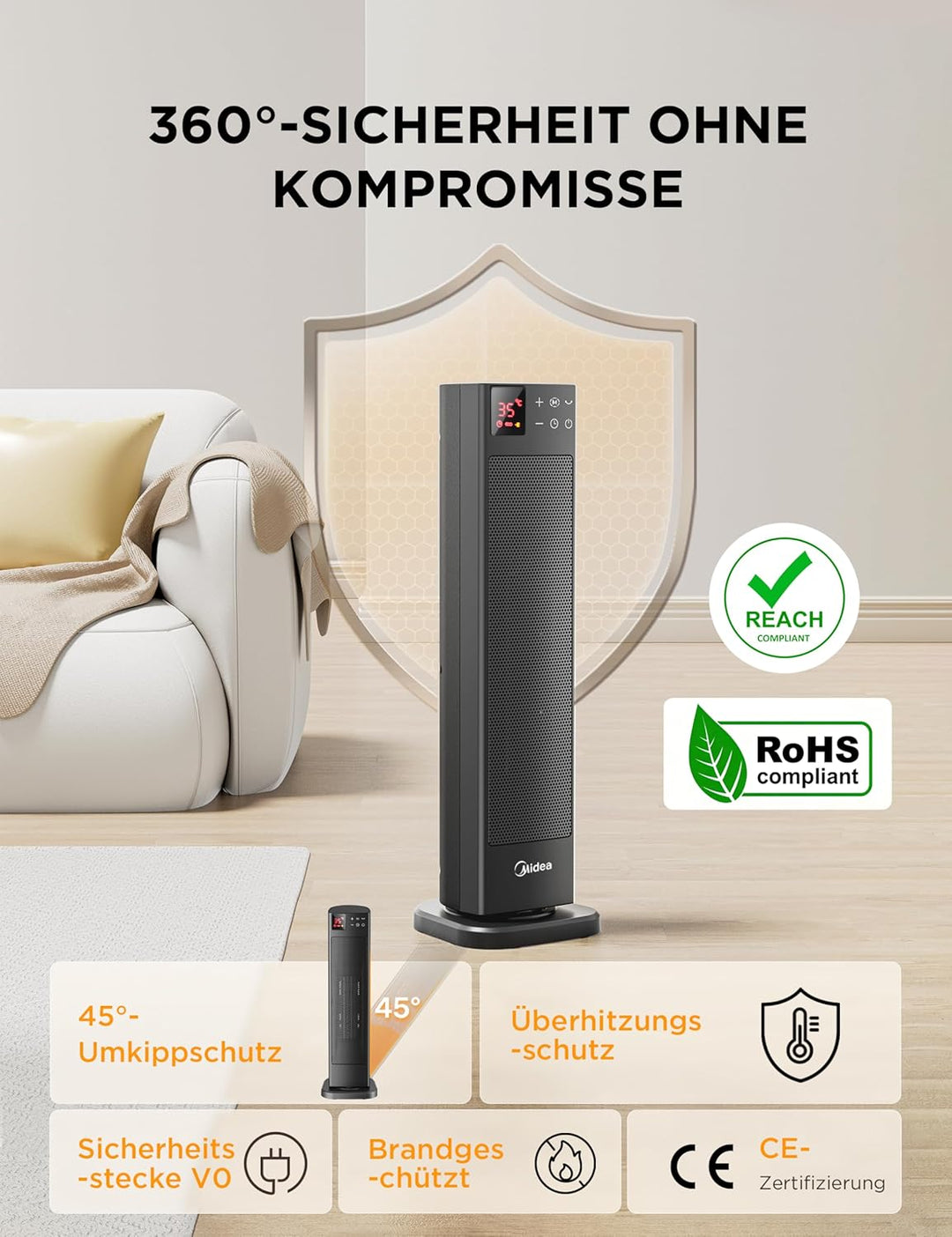 Midea NTH20-22ER(GR) Elektroheizung Keramik 2000W mit Thermostat & Fernbedienung, 58 cm, 3 Modi 24h-