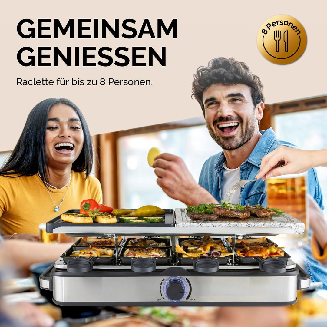 GOURMETmaxx 2-in-1 Raclette Set 8 Personen | Raclette mit Steinplatte und Aluminiumplatte inkl. 8 Pf