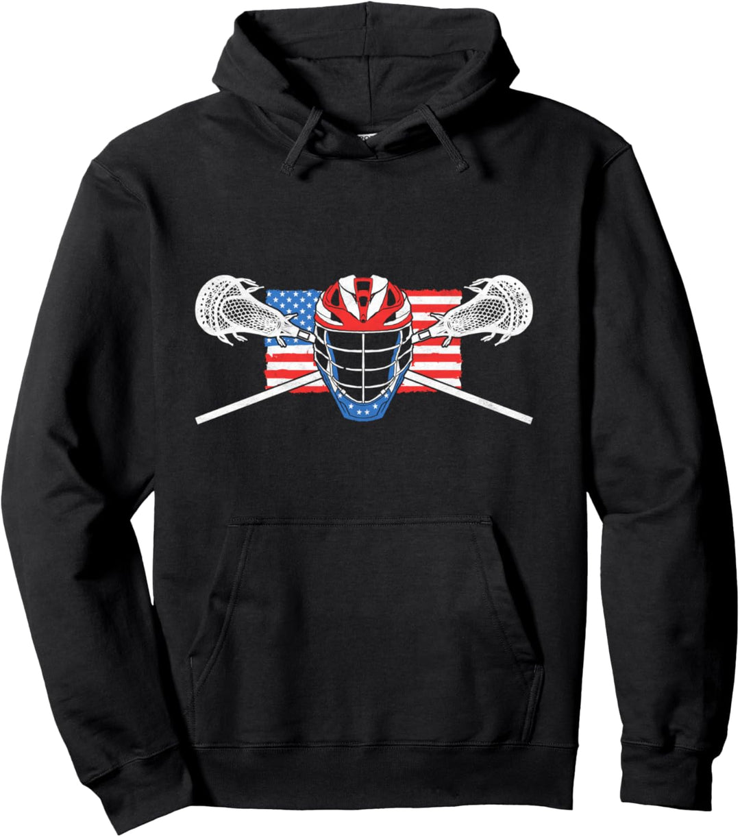 Lacrosse Helmet & Crossed Sticks Retro American Flag Design Pullover Hoodie