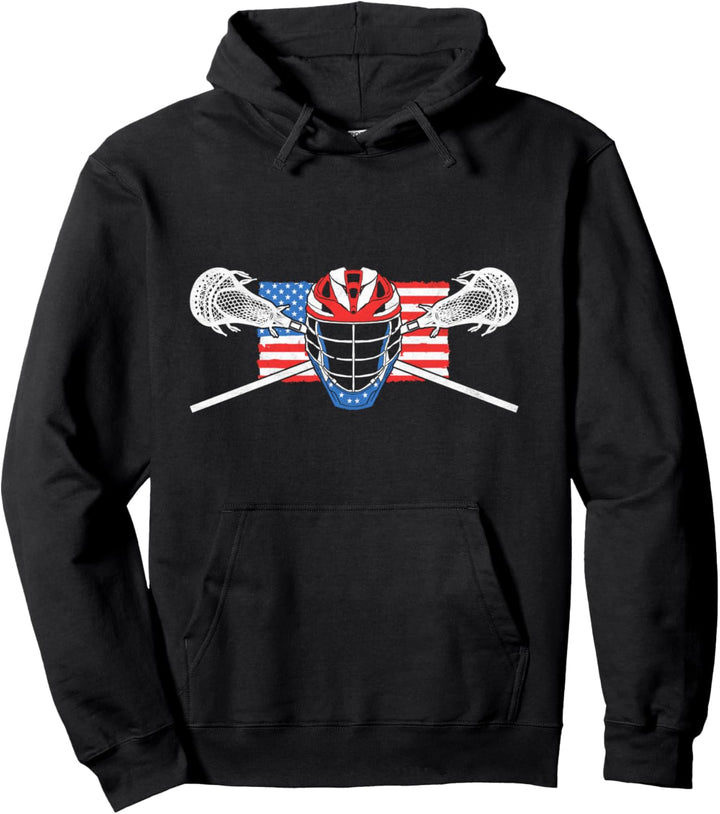 Lacrosse Helmet & Crossed Sticks Retro American Flag Design Pullover Hoodie