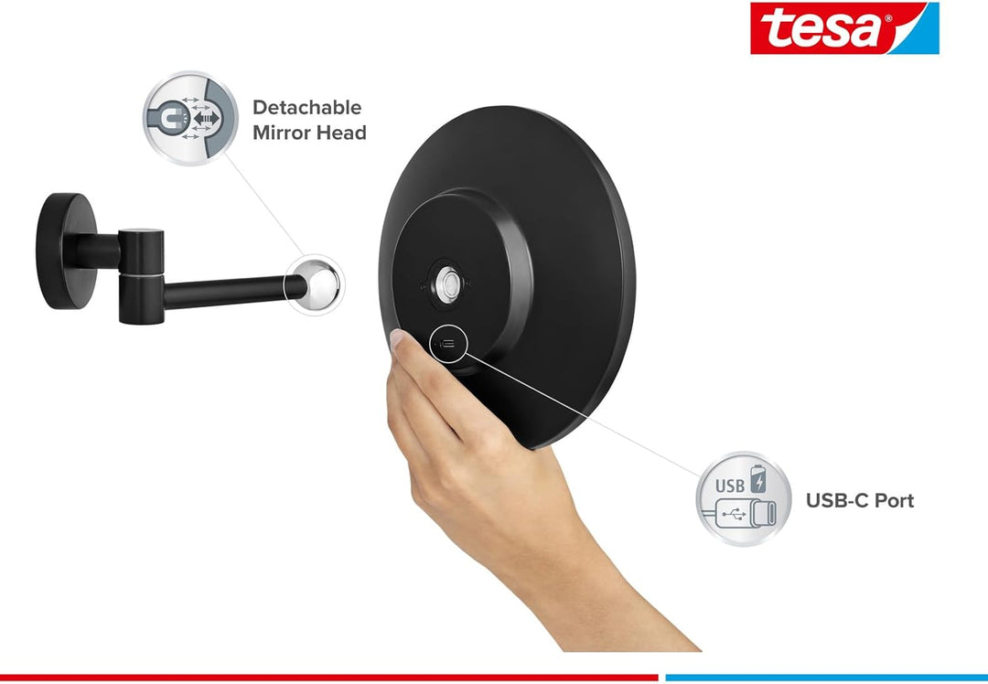 tesa VISIOON LED-Kosmetikspiegel - kabelloser Schminkspiegel mit dimmbarer Beleuchtung - Touch Contr