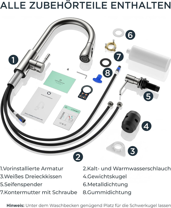 FORIOUS Küchenarmatur mit Seifenspender, ausziehbarer Wasserhahn Küche mit 2 Strahlarten, Einhebelmi