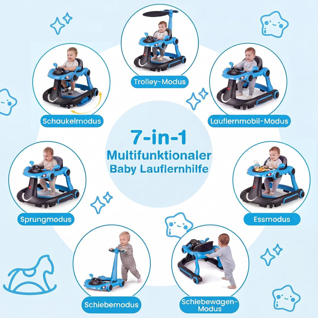 COSTWAY 7 in 1 Lauflernhilfe mit Verdeck, Lauflerwagen mit einstellbarer Höhe & Geschwindigkeit, Bab