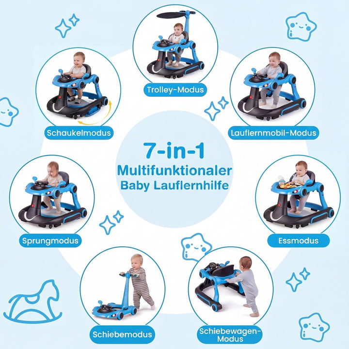 COSTWAY 7 in 1 Lauflernhilfe mit Verdeck, Lauflerwagen mit einstellbarer Höhe & Geschwindigkeit, Bab