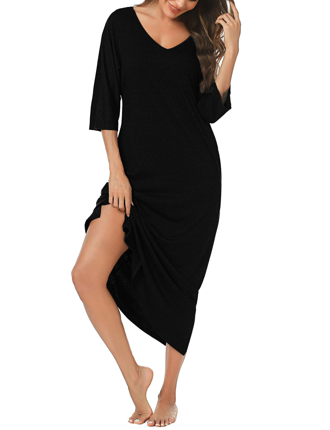 Uniexcosm Nachthemd Damen Lange Baumwolle 3/4 Ärmel Nachtkleid Nachtwäsche V-Ausschnitt Freizeitklei