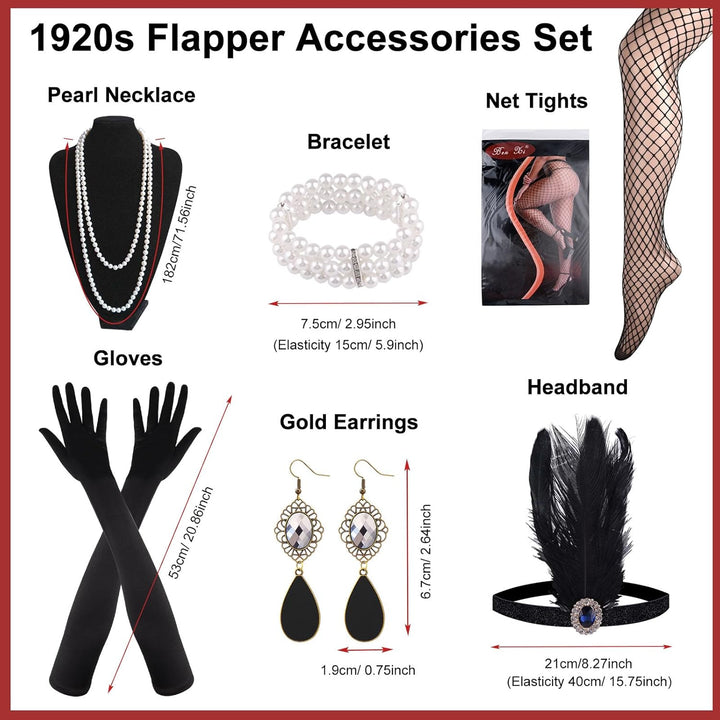 PLULON 1920er-Jahre-Flapperkleid mit Pailletten, Perlen und Fransen, Set mit 20er-Jahre-Accessoires