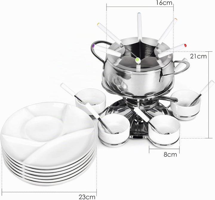 Ribelli Fondue Set 28-teilig Edelstahl 6X Gabel, Löffel, Teller, Schälchen Käsefondue Fleischfondue