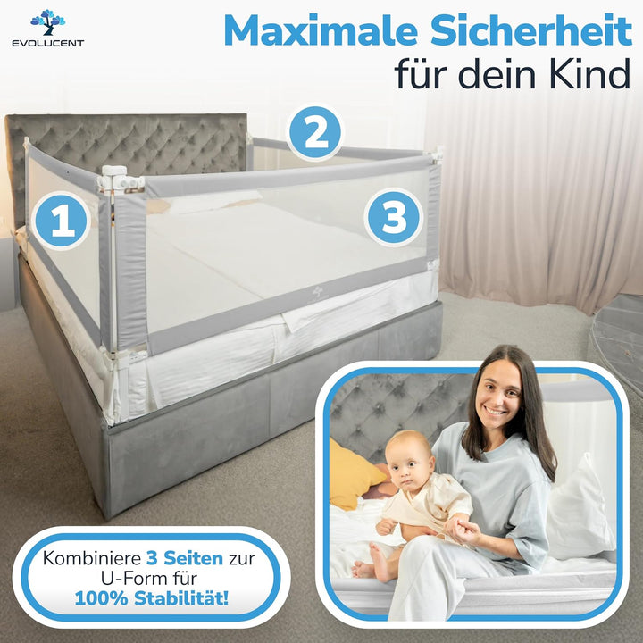 EVOLUCENT Bettgitter 140cm | Stabil ohne Verschrauben | Rausfallschutz für Boxspringbett, Kinderbett