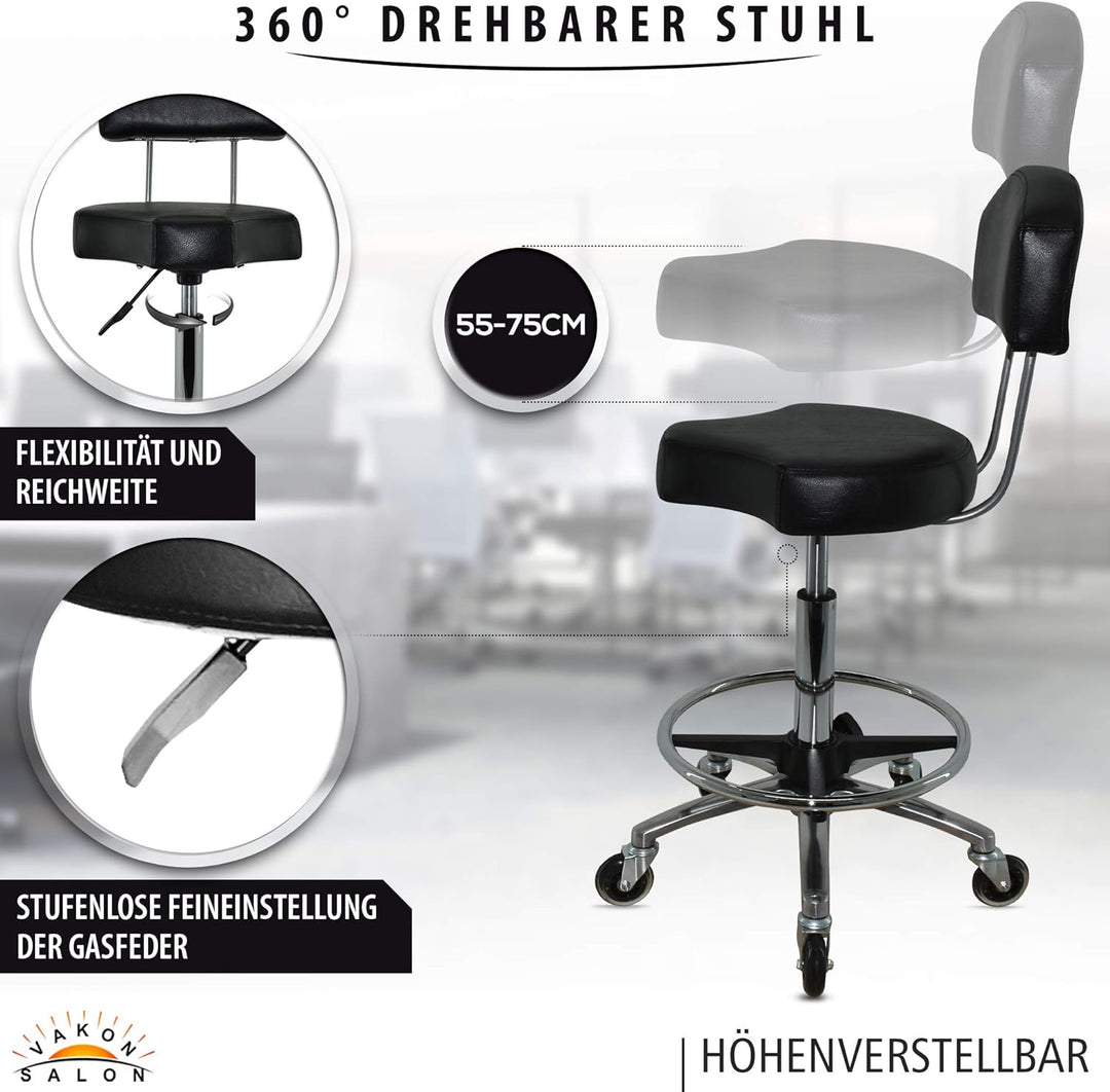 Ergonomischer Rollhocker mit Premium-Rollen und Fussring - Höhenverstellbar von 55-75 cm - Drehhocke