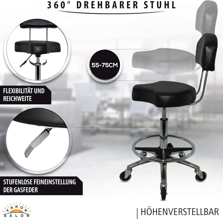 Ergonomischer Rollhocker mit Premium-Rollen und Fussring - Höhenverstellbar von 55-75 cm - Drehhocke