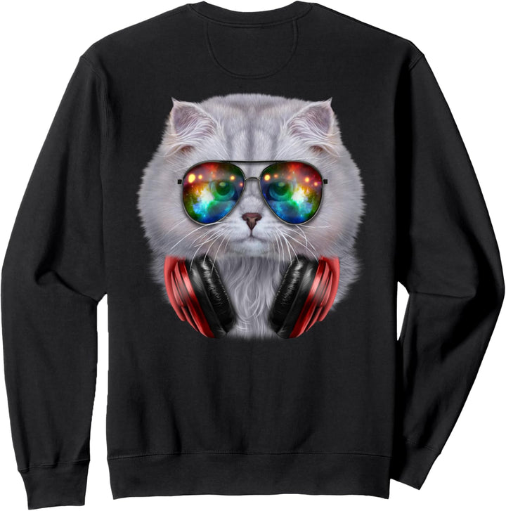 Weisse Katze, die Raumsonnenbrille und Kopfhörer trägt Sweatshirt