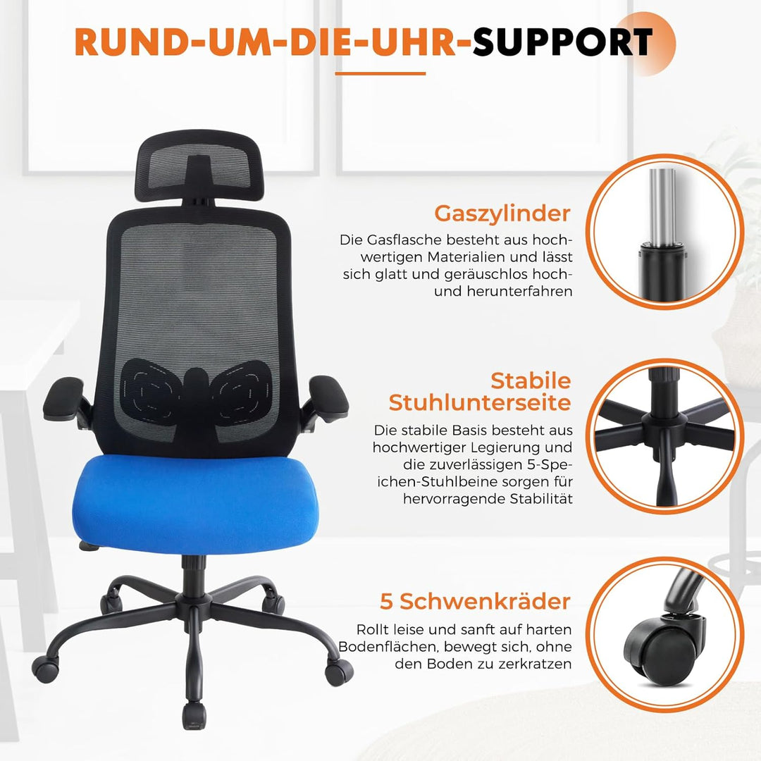 Sweetcrispy Ergonomischer Bürostuhl mit Kopfstütze & verstellbaren Armlehnen, 360° Drehfunktion, Höh