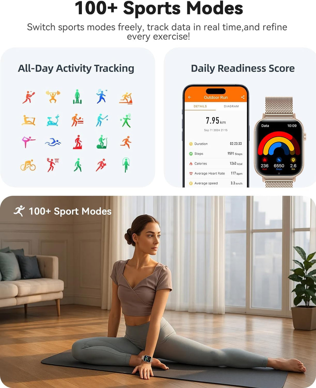 Smartwatch Damen, 1.83 Zoll HD-Display Smart Watch mit Telefonfunktion, 100+ Sportmodi Fitness Track