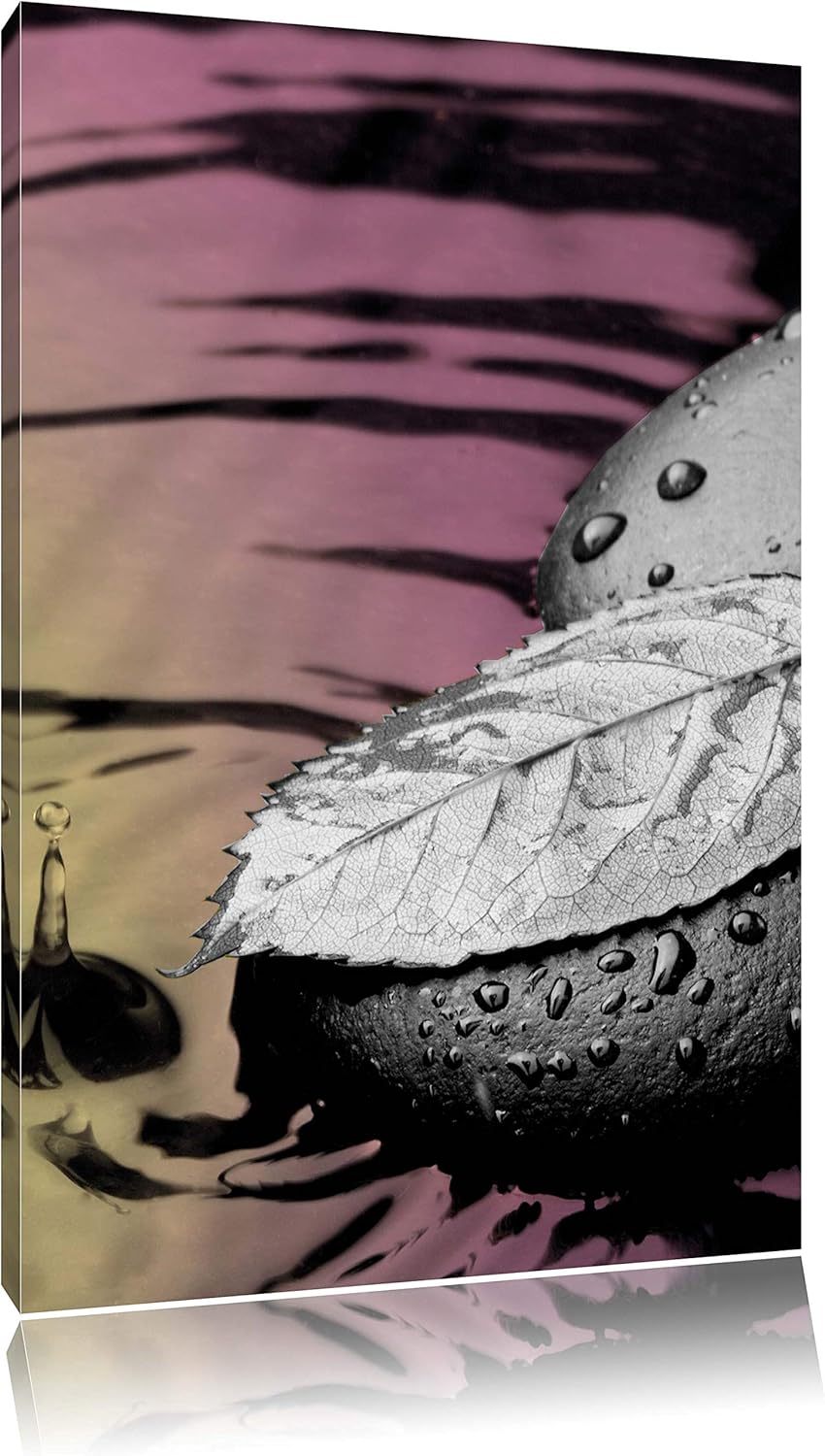 Pixxprint Blatt auf Zen Steinen im Wasser als Leinwandbild/Grösse: 100x70 cm/Wandbild/Kunstdruck/fer