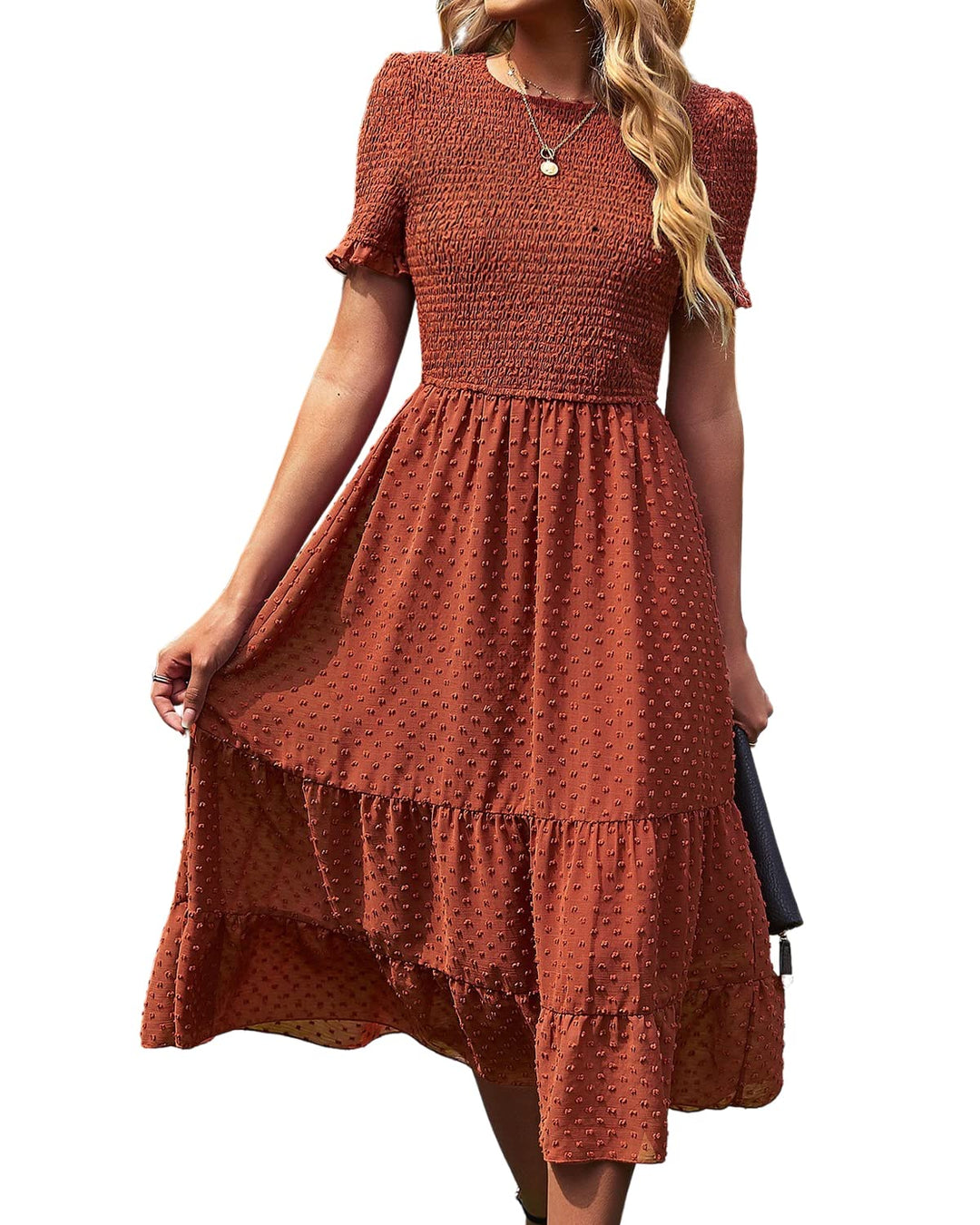 BebreezChic Damen Sommerkleid Rundhals Kurzarm Puffärmel Gerüschter Gerafftes Freizeitkleid mit Hohe