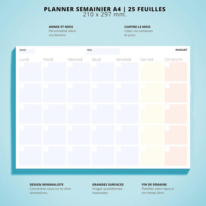 PACKLIST Planning Semaine + Mensuel - Planificateur Hebdomadaire A4, Agenda Planner - Agenda To Do L