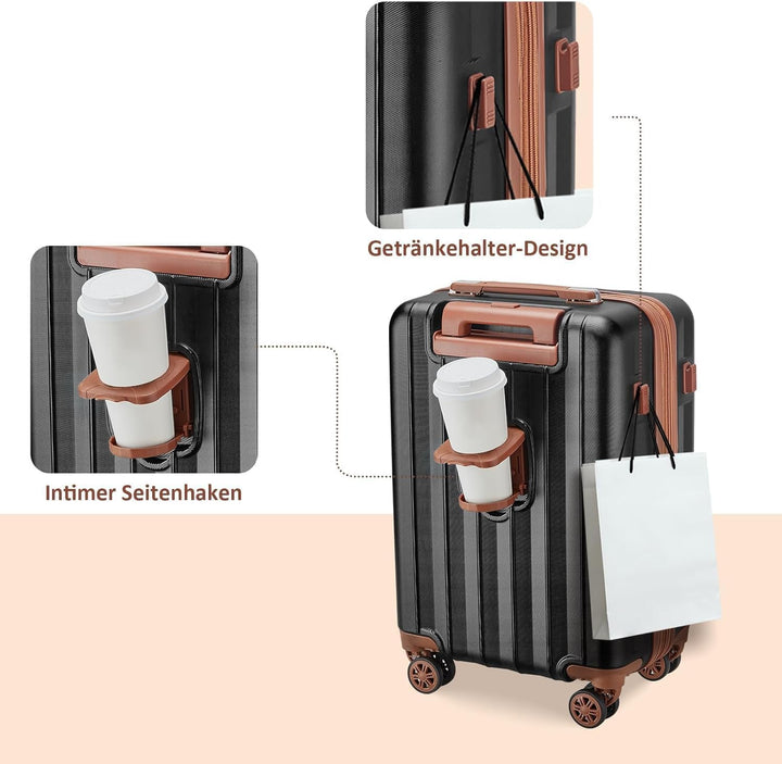 Joyway Koffer Handgepäck Kofferset 4 teilig, Hartschalen Reisekoffer mit Getränkehalter, 4 Rollen TS