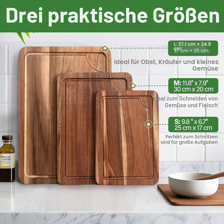 Schneidebrett aus Akazienholz, 3er-Set mit Saftrille, inklusive Freiständer und Obstmesser, doppelse