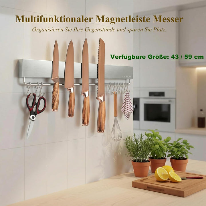 Magnetleiste Messer 43cm- Starker Magnetischer Messerhalter mit 10 Haken- Edelstahl Magnetleiste zum
