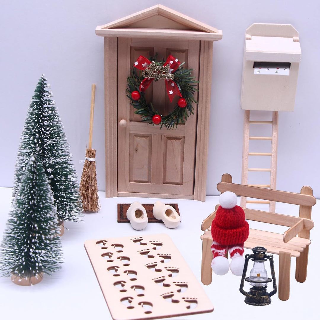 Nabeta Deco Wichteltür Zubehör Wichteltür Set Weihnachtsbaum Dekokranz Holzleiter Teppich Bank Hüte