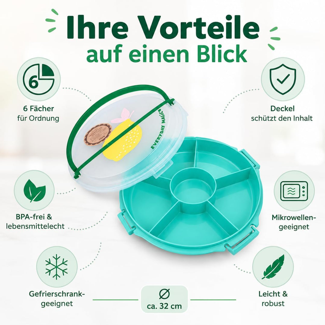 Rice Serviertablett rund Ø 32 cm mit Deckel & Tragegriff – Snack- & Partyplatte mit Fächern, BPA-fre