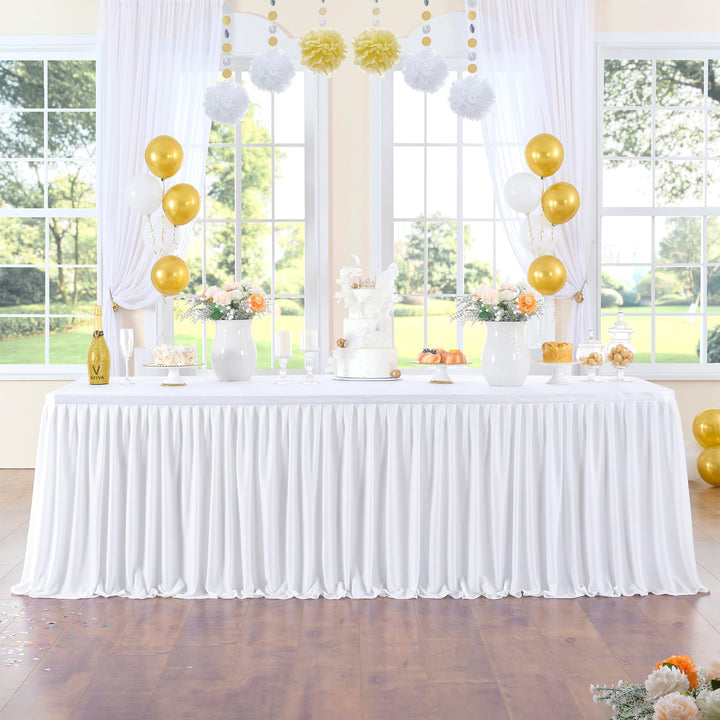 396cm White Polyester Table Skirts for Rectangle Tables, Wrinkle Free Ruffle Pleats Cloth Table Skir