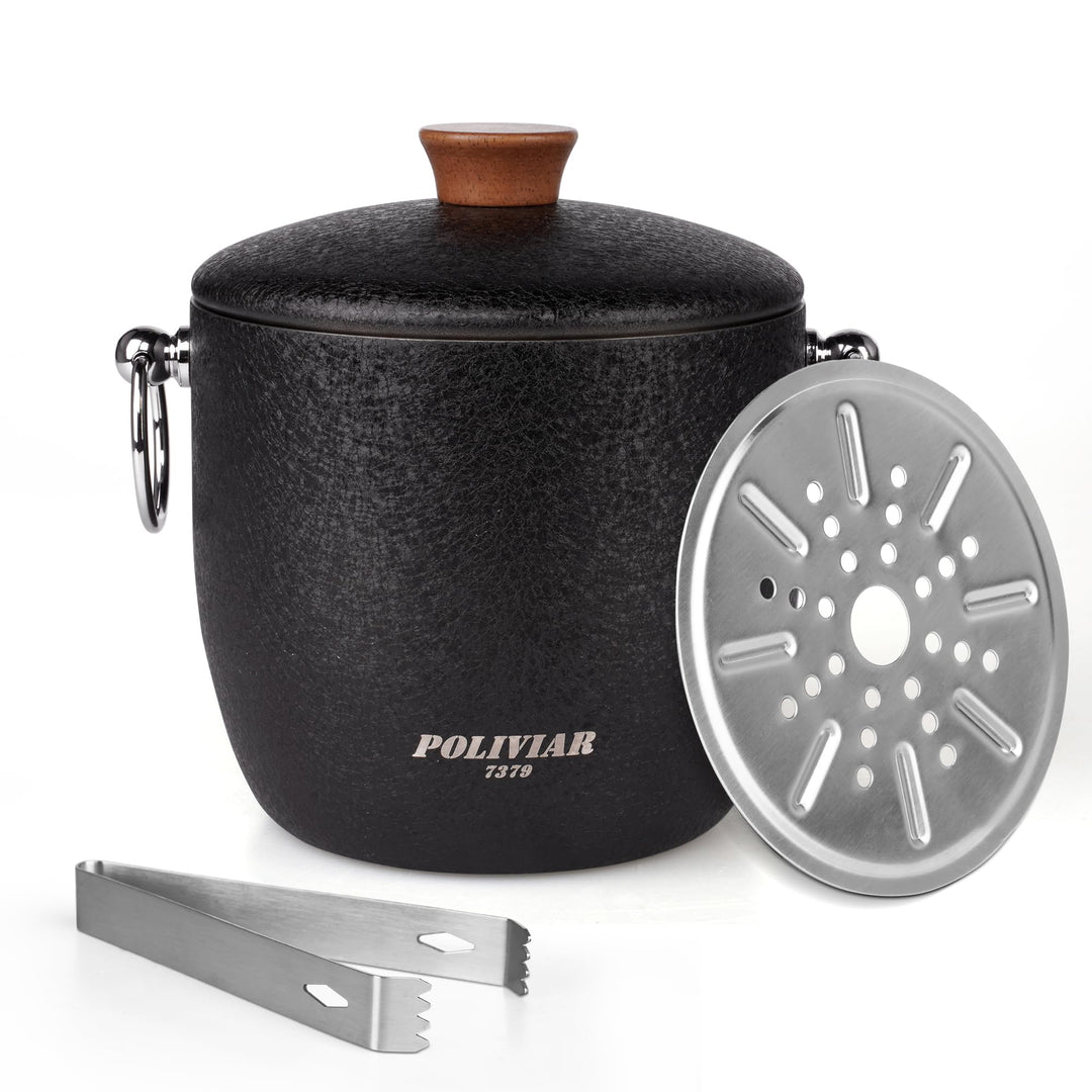 Poliviar Edelstahl Eiswürfelbehälter mit Deckel u. Zange- 2,5 Liter Doppelwandiger Eisbehälter- Eise
