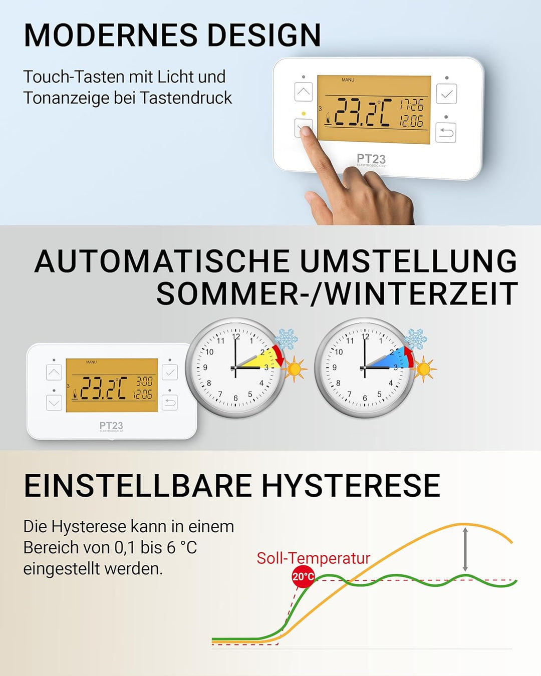 ELEKTROBOCK PT23 - Programmierbares Wandthermostat mit Touch-Tasten - 𝑳𝓐𝑵𝐆𝑳𝜠𝓑𝑰𝐆 - Grosses beleuchtet