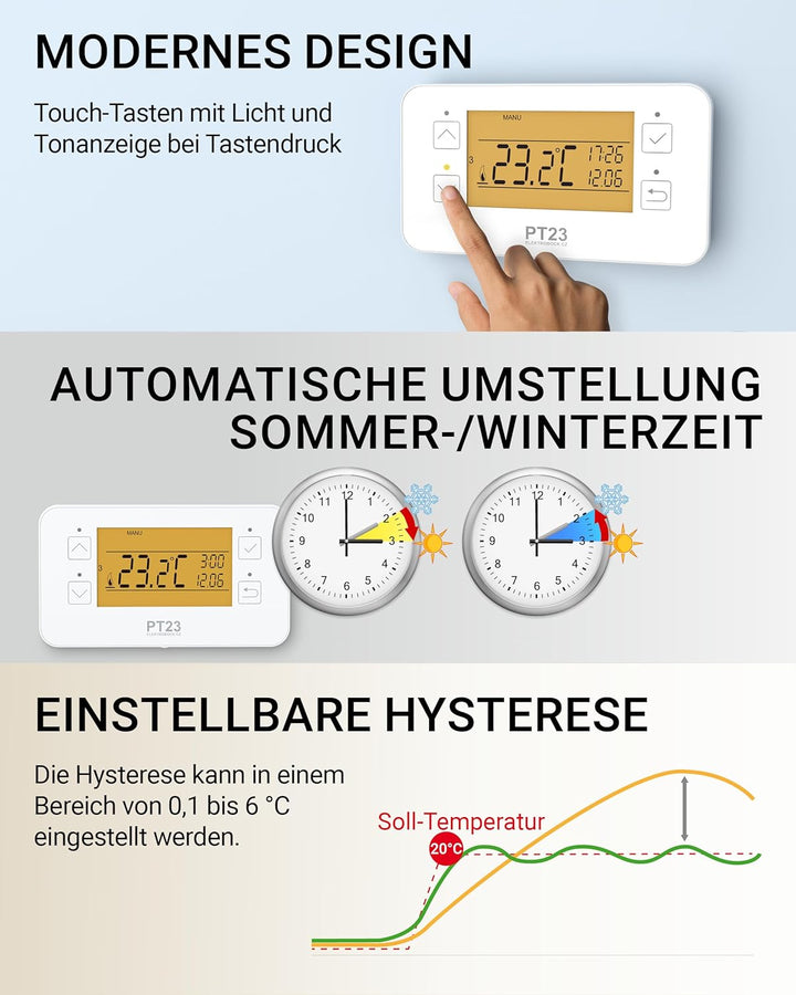 ELEKTROBOCK PT23 - Programmierbares Wandthermostat mit Touch-Tasten - 𝑳𝓐𝑵𝐆𝑳𝜠𝓑𝑰𝐆 - Grosses beleuchtet