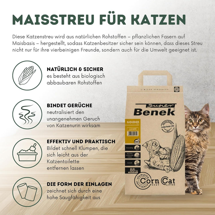 Super Benek Corn Cat Golden Pflanzliche Katzenstreu, 14 L, 8,8 kg | Klumpstreu aus Mais, Biologisch