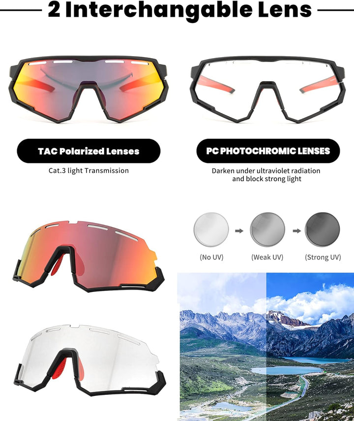 ROCKBROS Fahrradbrille 2 in 1 Sportbrille Polarisierte/Photochrome Brille UV-Schutz Damen Herren Son