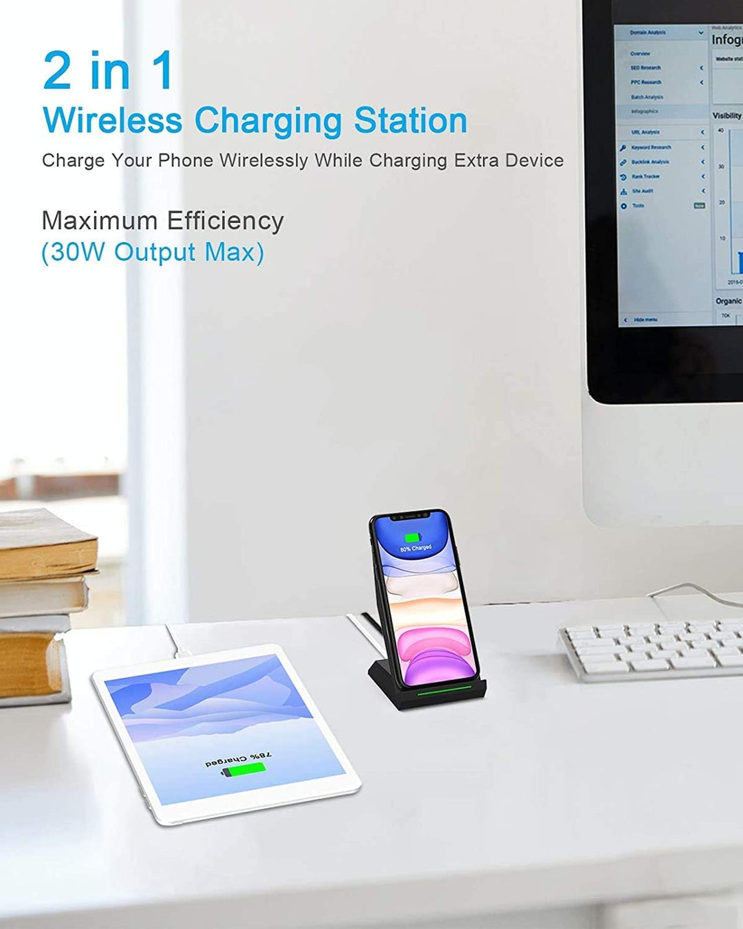 NANAMI Wireless Charger mit 30W USB-C Ladegerät - 2 in 1 Induktive Ladeständer mit Anschluss, Qi Kab
