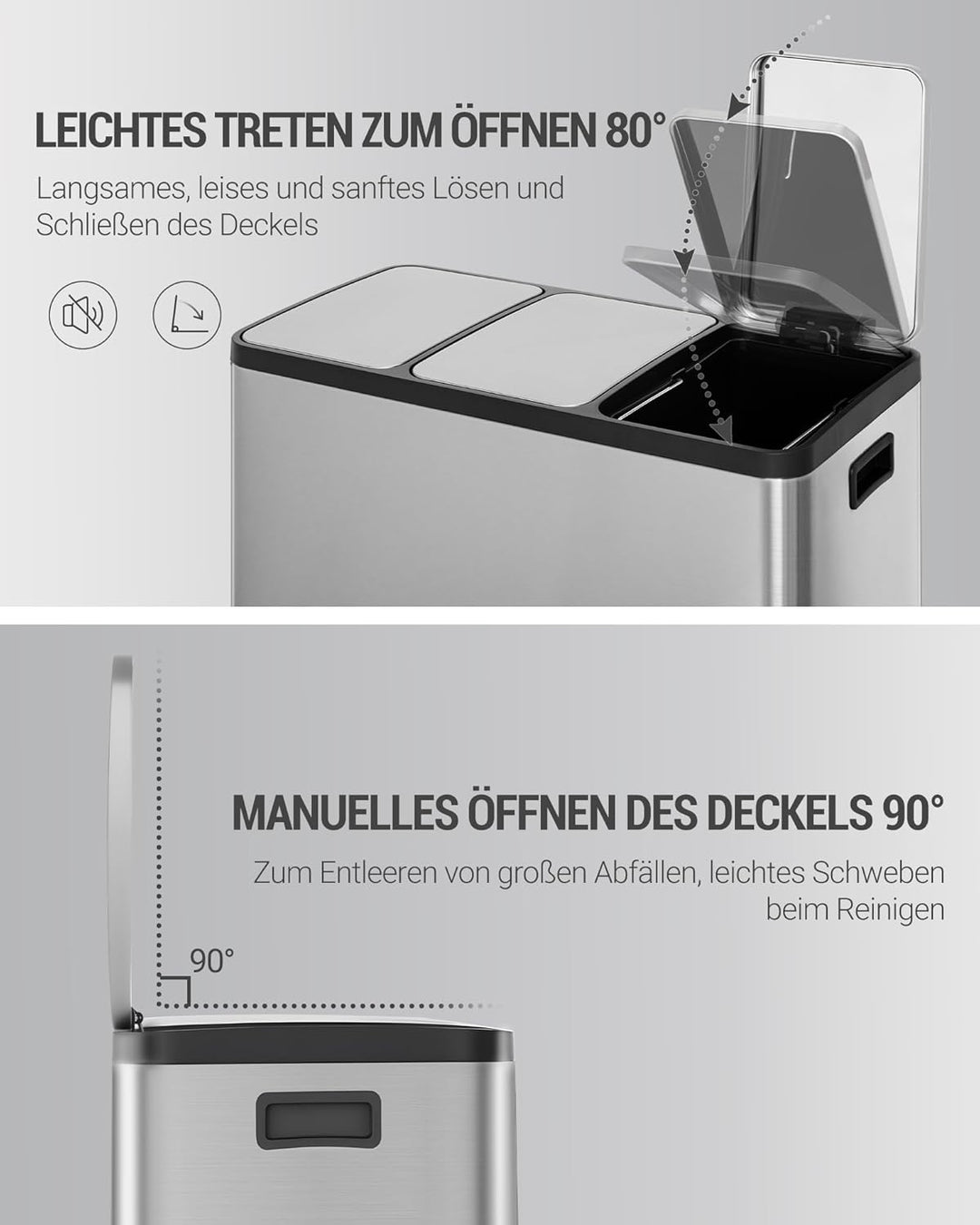 Hzuaneri Mülleimer Küche, Mülltrennsystem 3 Fächer 45L (3 x 15 L), Edelstahl-küchenmülleimer, Tretmü