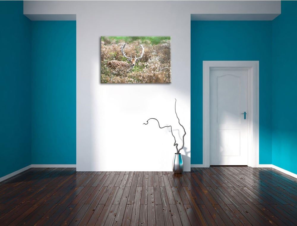 schön gemalter Rehbock in Wiese Format: 120x80 auf Leinwand, XXL riesige Bilder fertig gerahmt mit K