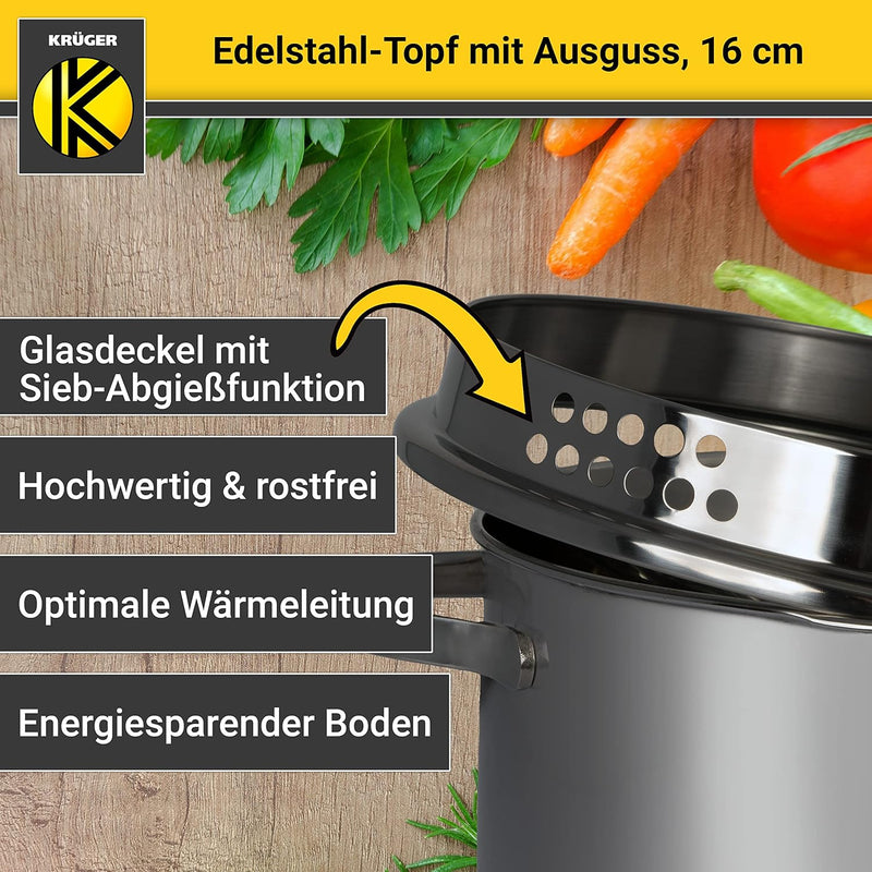 Krüger Edelstahl-Fleischtopf mit Ausguss - Kochtopf mit Ausgiesshilfen - mit Induktion - hitzebestän