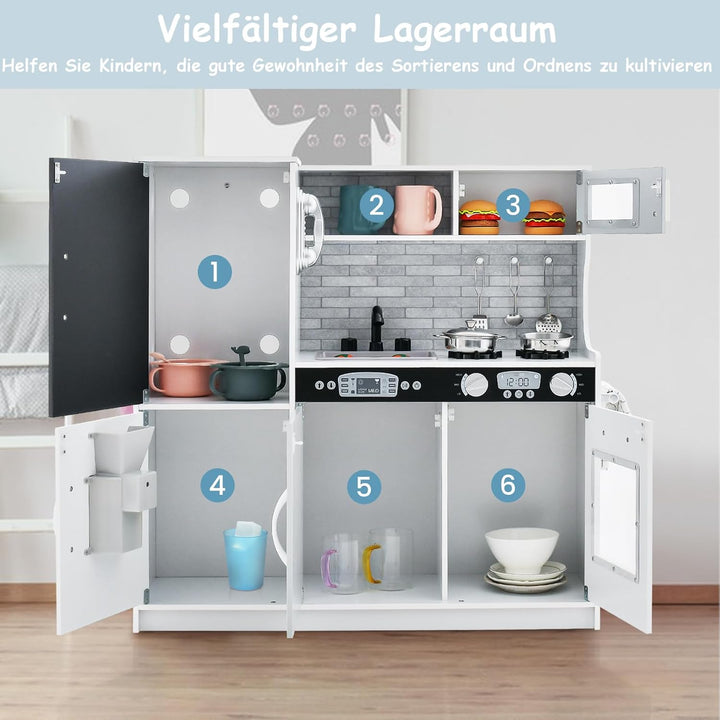 GOPLUS Kinderküche aus Holz, Kinderspielküche mit Mikrowellen, Backofen, Wasserbecken, Kreidetafel &