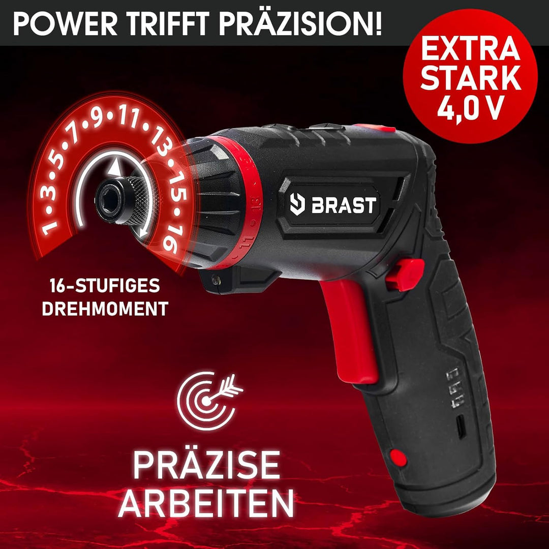 BRAST® Akkuschrauber Akku Bohrschrauber | 4,0V / 2Ah Li-Ion-Akku | 54 Chrom-Vanadium-Bits | schwenkb