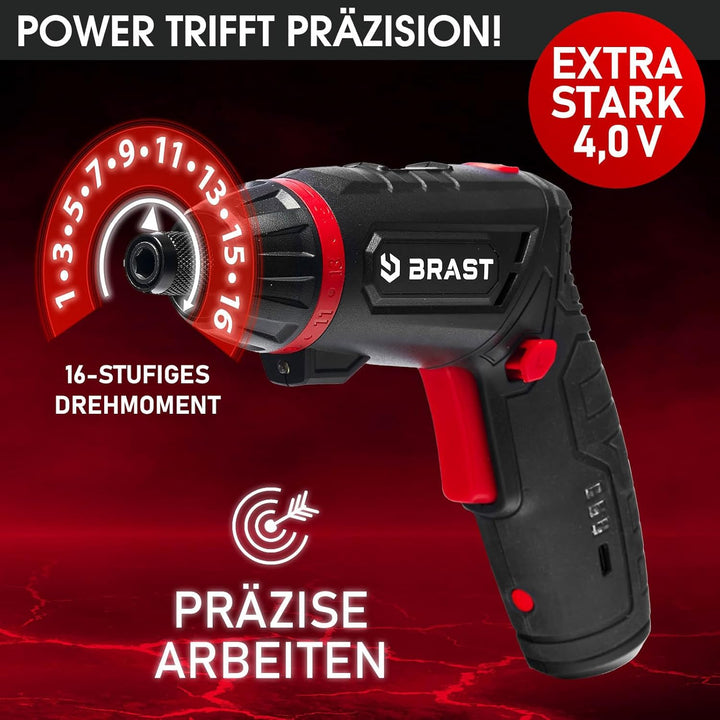 BRAST® Akkuschrauber Akku Bohrschrauber | 4,0V / 2Ah Li-Ion-Akku | 54 Chrom-Vanadium-Bits | schwenkb