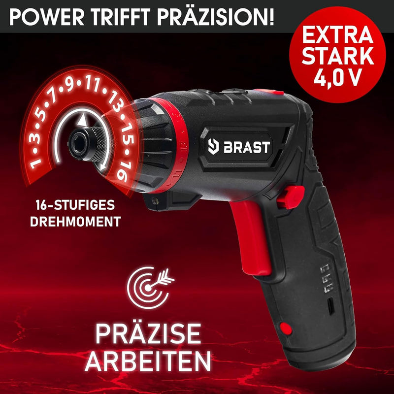 BRAST® Akkuschrauber Akku Bohrschrauber | 4,0V / 2Ah Li-Ion-Akku | 54 Chrom-Vanadium-Bits | schwenkb