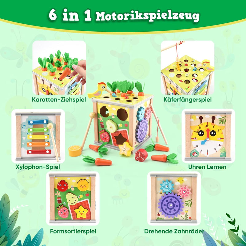 ZOOYAUE Motorikwürfel Aktivitätswürfel aus Holz 6 in 1 Montessori Spielzeug, Activity Center Baby ab