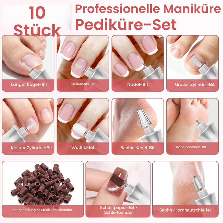 Maniküre/Pedikure Set elektrisch, Nagelfelile, Nagelfraser und Hornhautentfemer mit 10 Aufsatze zur