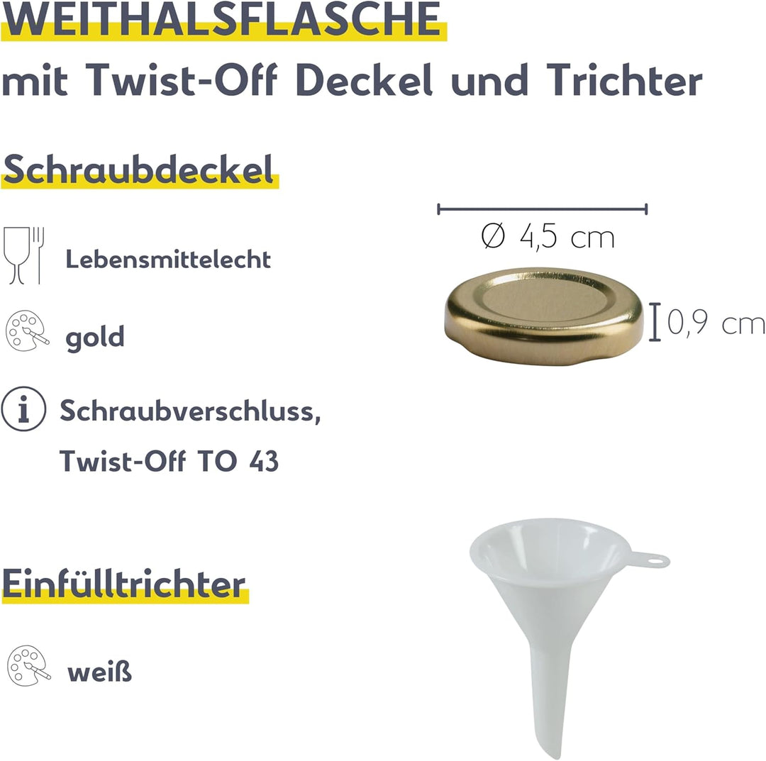 mikken 12 x Glasflasche 500 ml, Flasche mit Schraubverschluss gold inkl. Trichter