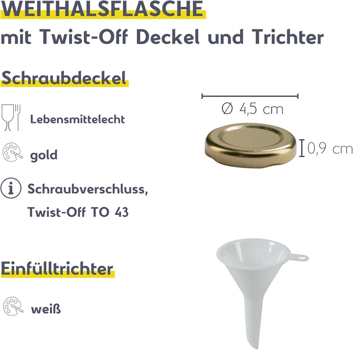 mikken 12 x Glasflasche 500 ml, Flasche mit Schraubverschluss gold inkl. Trichter